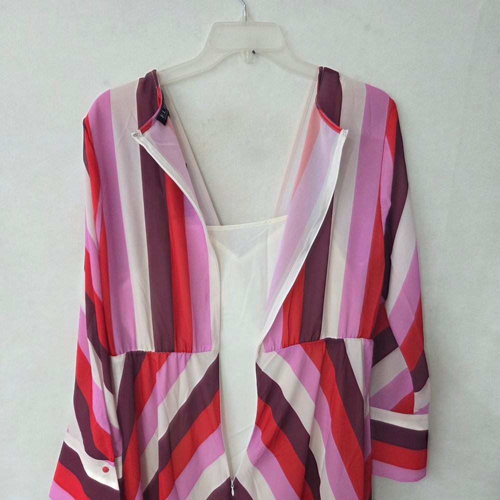 ELOQUII Twist Bodice Stripe Midi Dress Women 18 Pink Red Long Sleeve V-Neck New - Picture 7 of 13